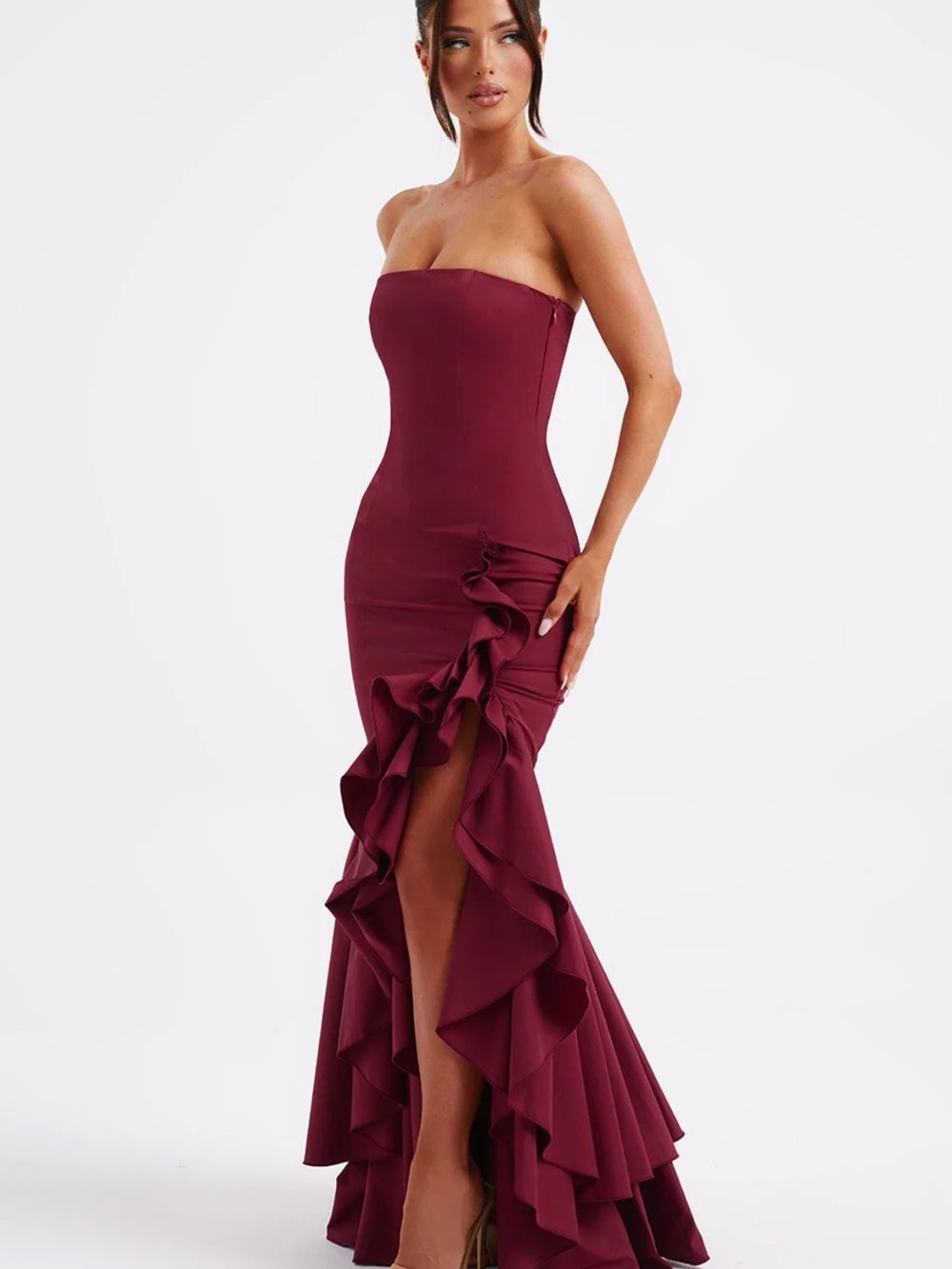 Strapless Burgundy Ruffle High-Low Prom Dress - Picture 3 of 3